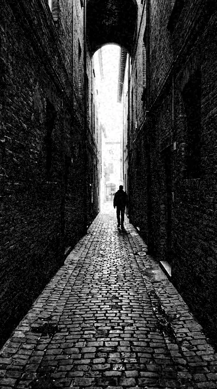 Graded with Darkroom: Full Bleed on Press mono, the alley at working contrast